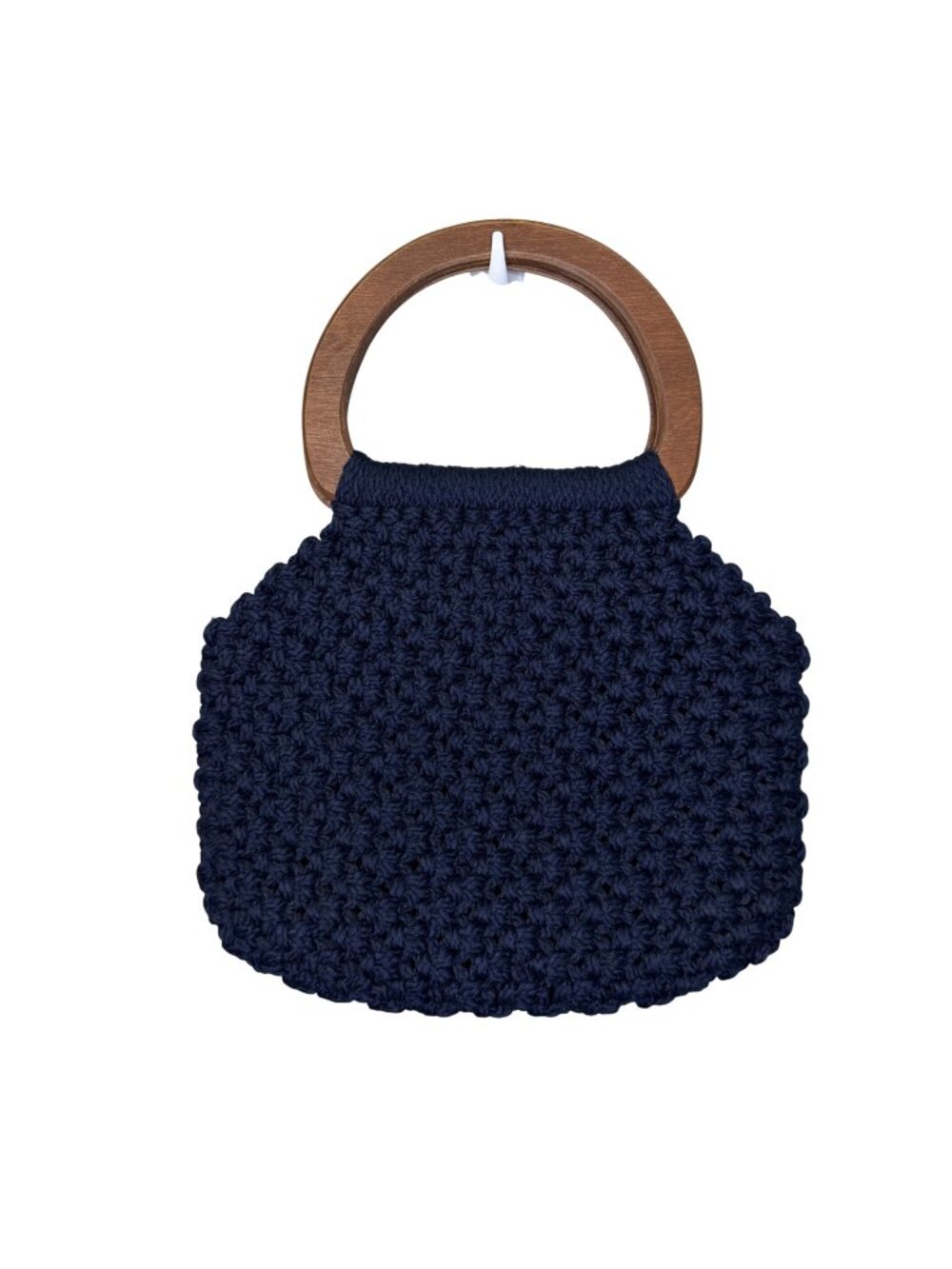 VTG Handmade Navy Crochet Macrame Handbag Wooden Ring Handles Boho Purse 70s